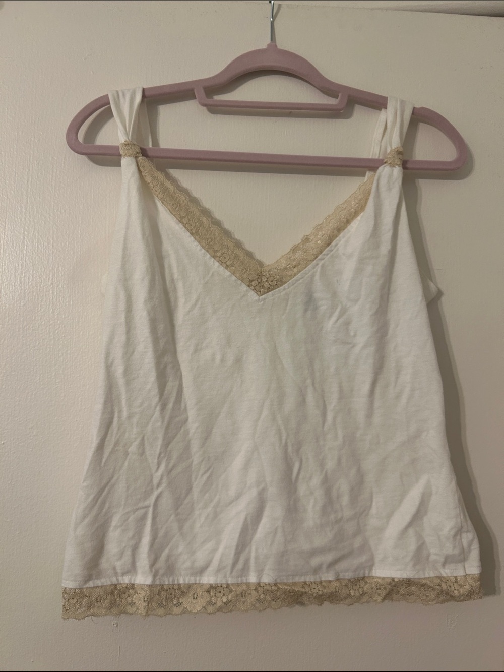 Axcess White Cotton V- Neck Cami Tank with Lace Trim